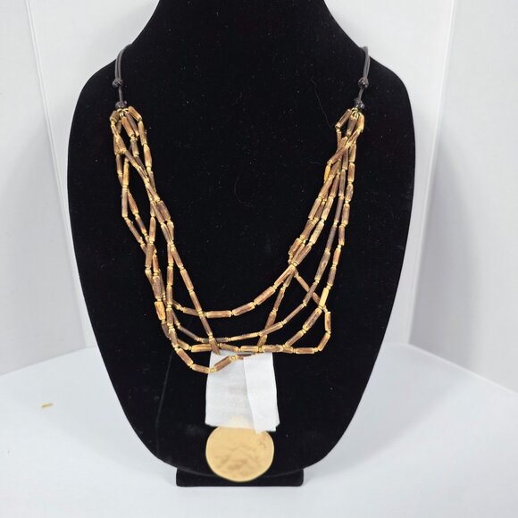 J Jill Tri Strand Wooden Bead and Brass Bohemian Statement Necklace - Picture 1 of 10